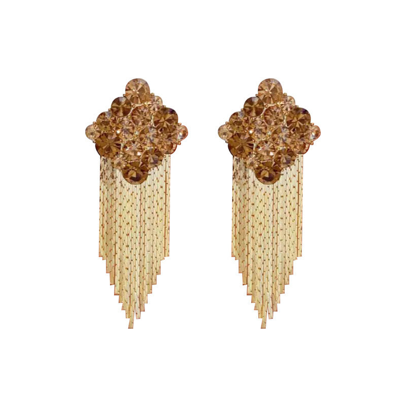 Champagne Diamond Cluster Long Tassel Dangle Earrings For Women