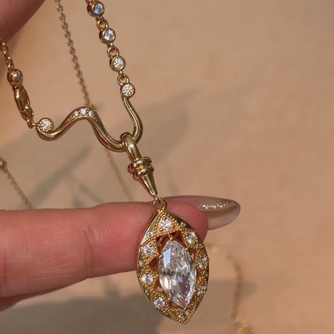 Vintage Marquise Cut Diamond Pendant Necklace Hollow Filigree Wavy Chain Statement Necklace For Women