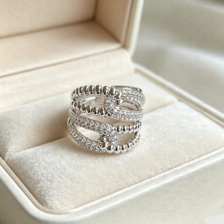 Multi‑layer Intertwined Beaded Full Diamond Open Ring Luxury Wide Band Women Ring