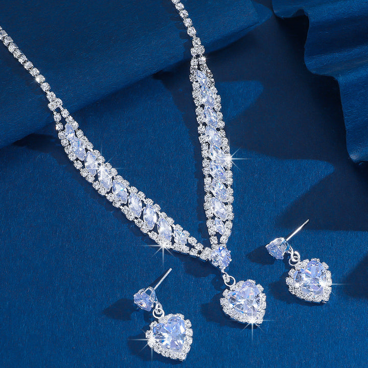 Heart Diamond Necklace Earring Jewelry Set Elegant V Shape Women Formal Jewelry Set