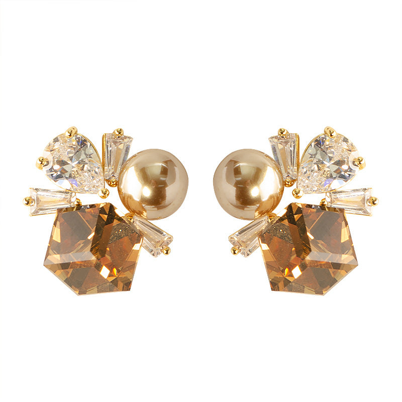 Vintage Caramel Gemstone Pearl Splicing Luxury Womens Stud Earrings