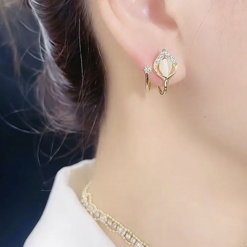 Calla Lily Diamond Ear Cuff Earrings Dual Piece Cat's Eye Statement Earrings Elegant Stackable Ear Jewelry For Women Formal Daily Wear