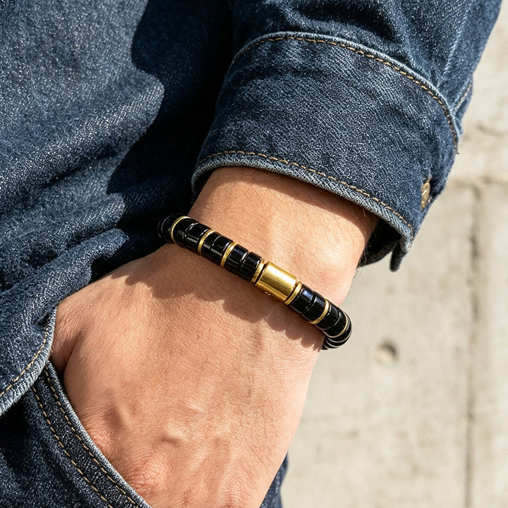 Luxury Tiger's Eye Cylinder Beaded Bracelet Gold Accent Unisex Stackable Fashion Jewelry