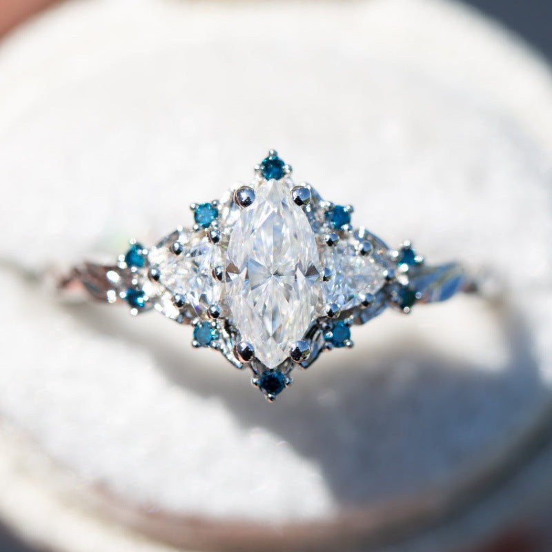 Marquise Diamond Three Stone Engagement Ring With Accent Blue Gemstones Twisted Band Vintage Halo Promise Ring Bridal Statement Jewelry