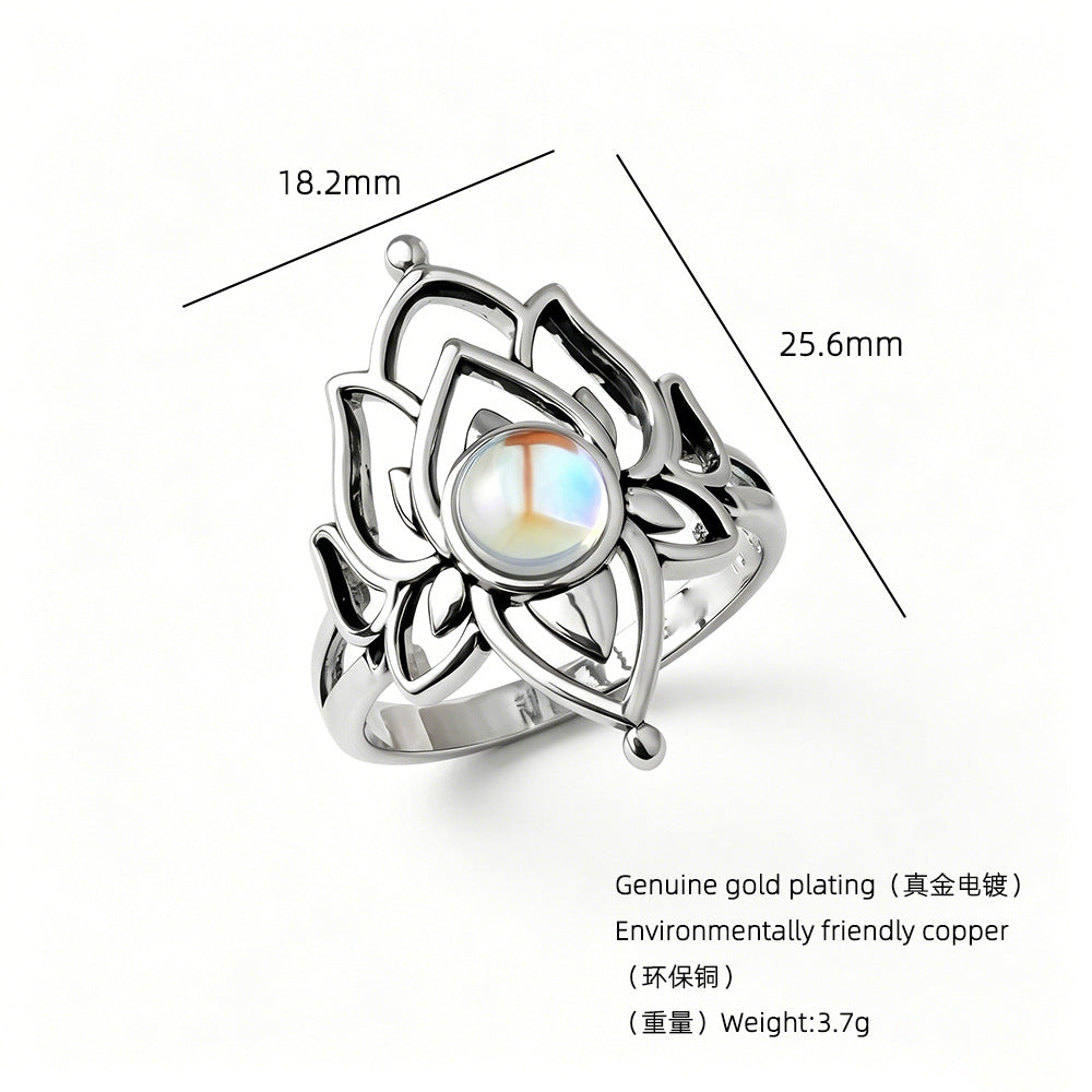 Open‑Work Lotus Moonstone Women Ring, Elegant Boho‑Chic Floral Band
