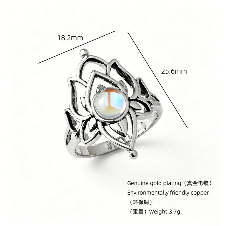 Open‑Work Lotus Moonstone Women Ring, Elegant Boho‑Chic Floral Band