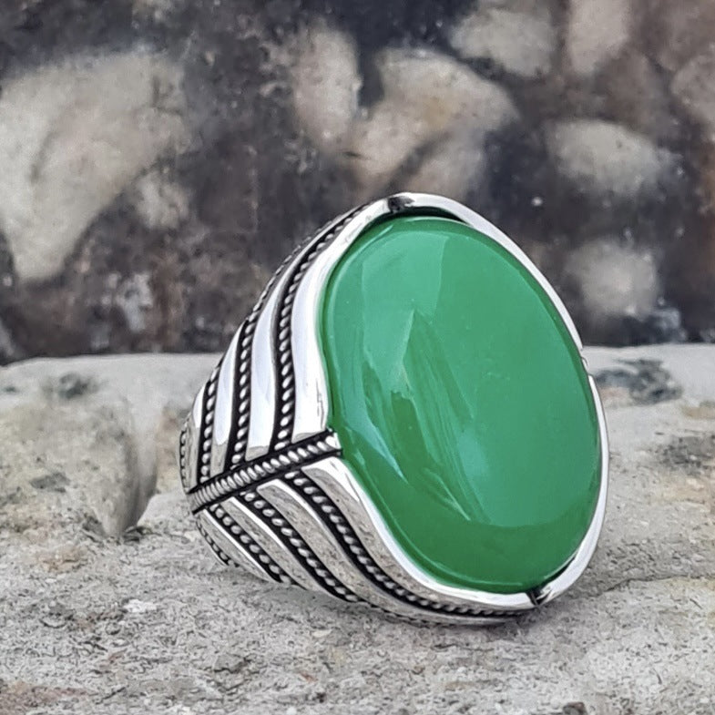 Vintage Ethnic Oval Jade Sterling Silver Unisex Ring, Relief Carved Band