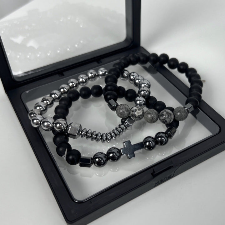 Cross Charm Beaded Stack Bracelet Set Gothic Layered Wristband Trendy Streetwear Statement Hand Jewelry For Men