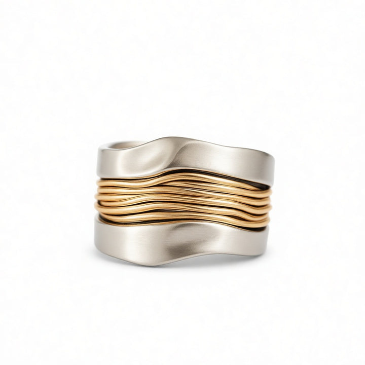 Two Tone Wavy Wire Wrap Statement Ring Minimalist Modern Wide Band Unisex Stackable Handcrafted Ring