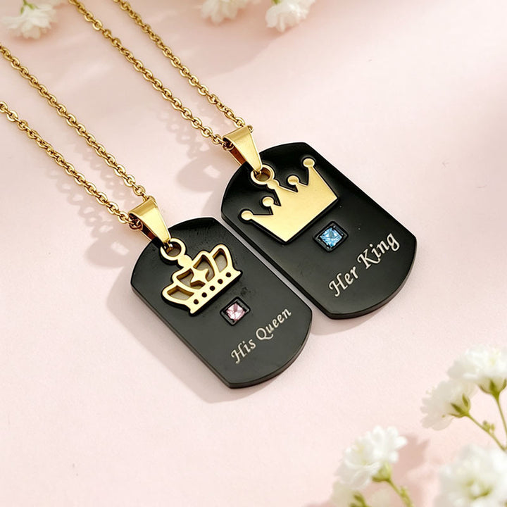 King Queen Crown Dog Tag Couple Necklaces Engraved Square‑Stone Pair Pendants
