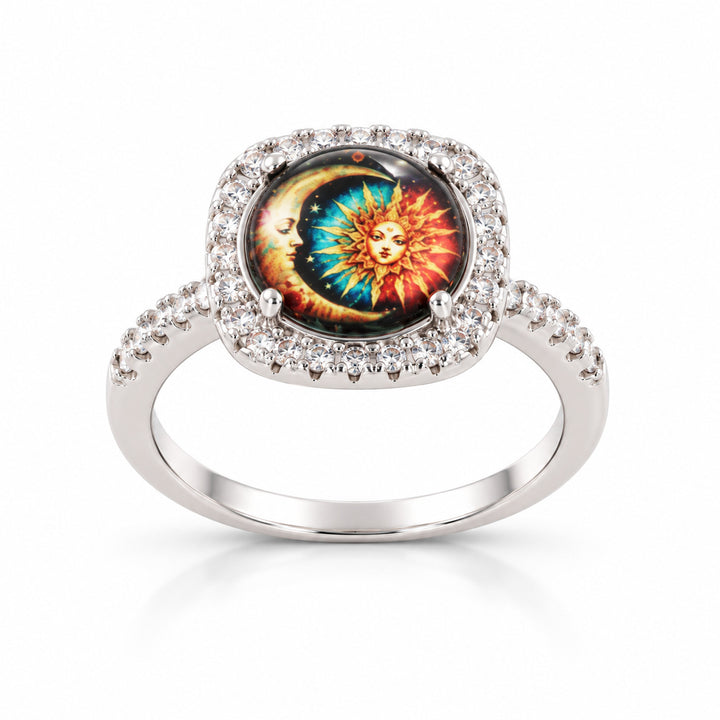 Sun And Moon Goddess Art Ring Square Halo Statement Ring Mystical Celestial Pattern Fashion Ring For Women