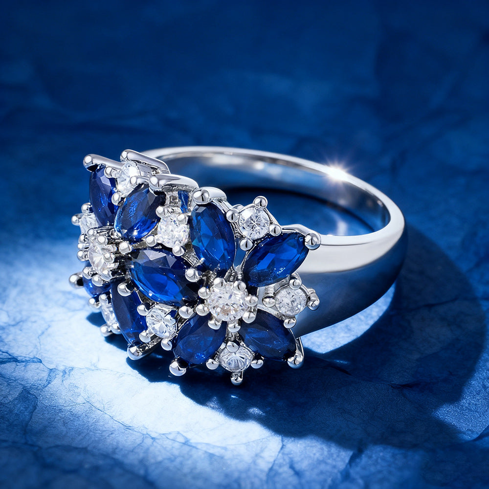 Marquise‑Cut Sapphire Cluster S925 Sterling Silver Ring, Diamond Accent Cocktail Ring