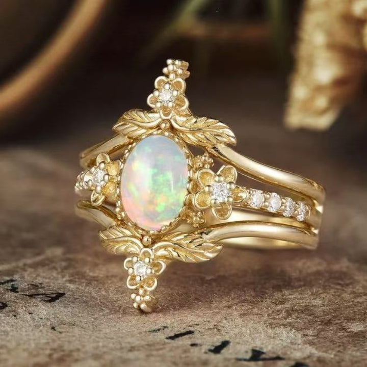 Opal Oval Diamond 3 Piece Stackable Ring Set Women Vintage Floral Leaf Botanical Stacking Rings