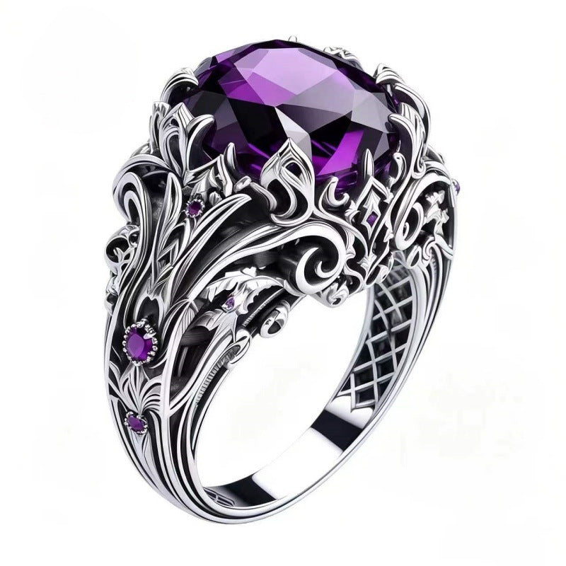 Vintage Gothic Oval Purple Gemstone Statement Ring Solid Sterling Silver Diamond Accent Ornate Filigree Cocktail Ring