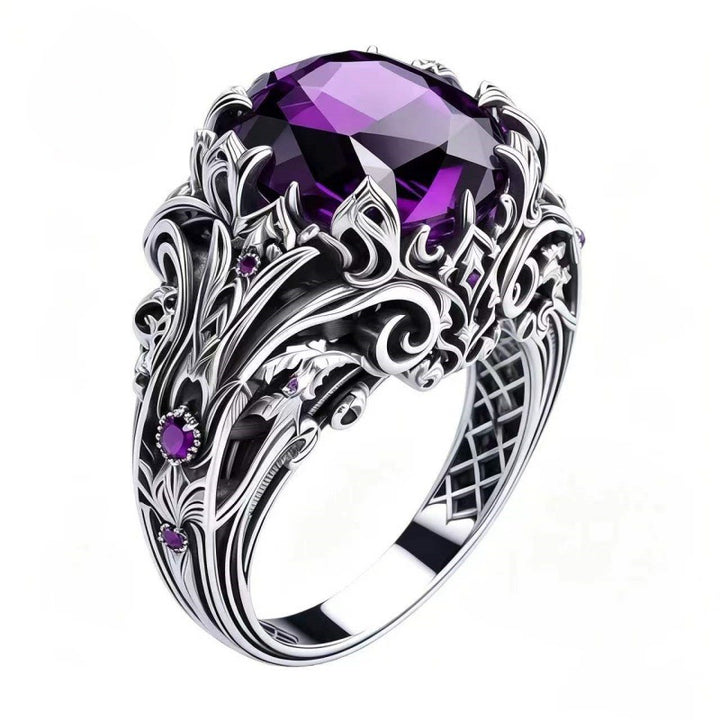 Vintage Gothic Oval Purple Gemstone Statement Ring Solid Sterling Silver Diamond Accent Ornate Filigree Cocktail Ring