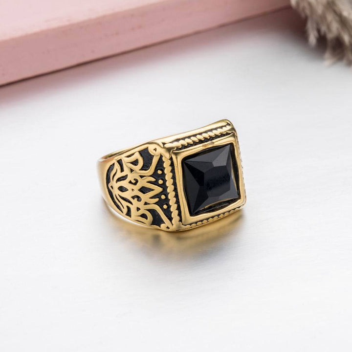 Vintage Carved Square Obsidian Wide Band Ring Men Antique Pattern Signet Ring