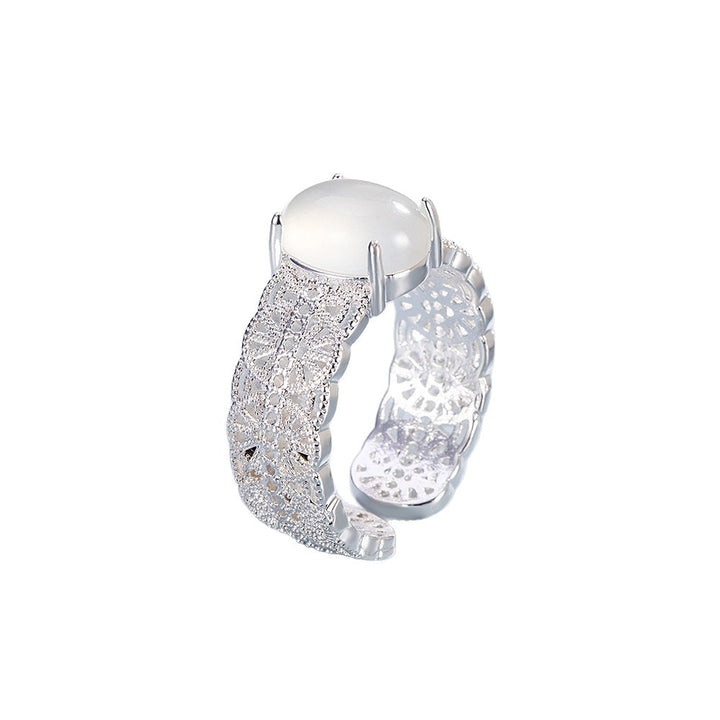 Openwork Filigree Chalcedony Ring Women Silver Hollow Carved Adjustable Elegant Jewelry