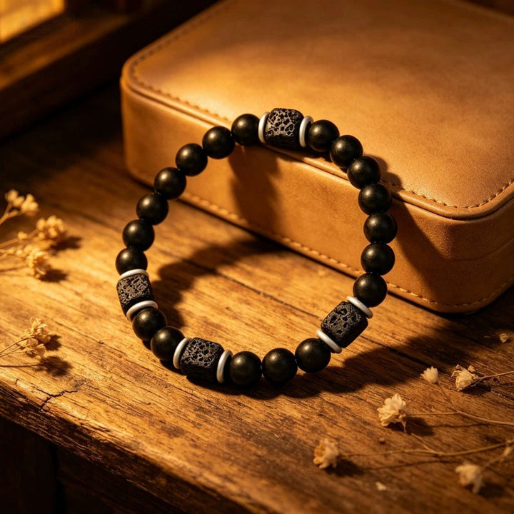 Men’s Elastic Bracelet With Obsidian Cube & Matte Black Onyx Beads Retro Contrast Spacer Bracelet