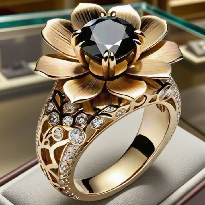 Black Obsidian Flower Ring Women Gold Openwork Carved Diamond Luxury Statement Jewelry