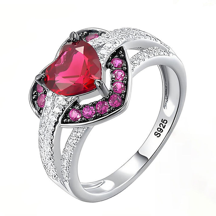 Heart‑Shaped Ruby Center Stone S925 Sterling Silver Ring, Pave‑Set Pink Gemstone & Diamond Band