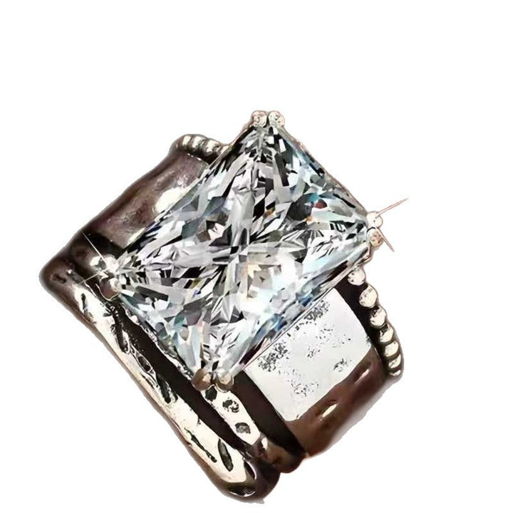 Vintage Hammered Multi Band Statement Ring Princess Cut Diamond Wide Band Retro Sterling Silver Ring Boho Punk Stackable Ring For Women Men Party Jewelry