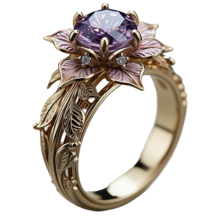 Floral Purple Gem Engagement Ring Nature Inspired Leaf Statement Ring Vintage Romantic Cocktail Ring For Women