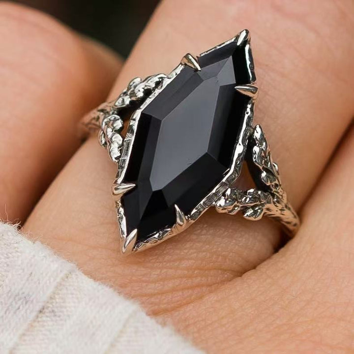 Black Onyx Marquise Vine Ring Women Gothic Vintage Silver Engagement Ring