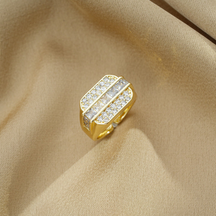 Wide Square Paved Diamond Open Ring Vintage Luxury Adjustable Sterling Silver Band