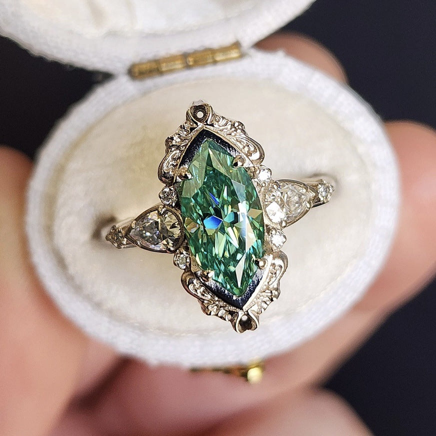 Vintage Marquise Green Diamond Statement Ring Ornate Filigree Three Stone Engagement Ring Antique Art Deco Wedding Ring Fine Jewelry