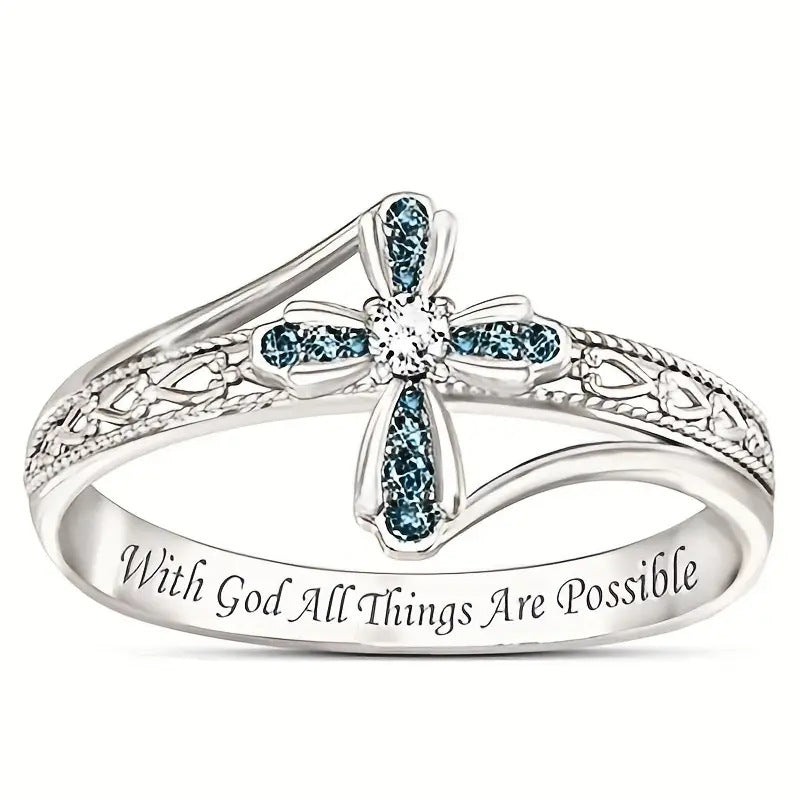 Cross Statement Ring For Women Engraved Inspirational Scripture Ring Blue Stone Diamond Religious Jewelry