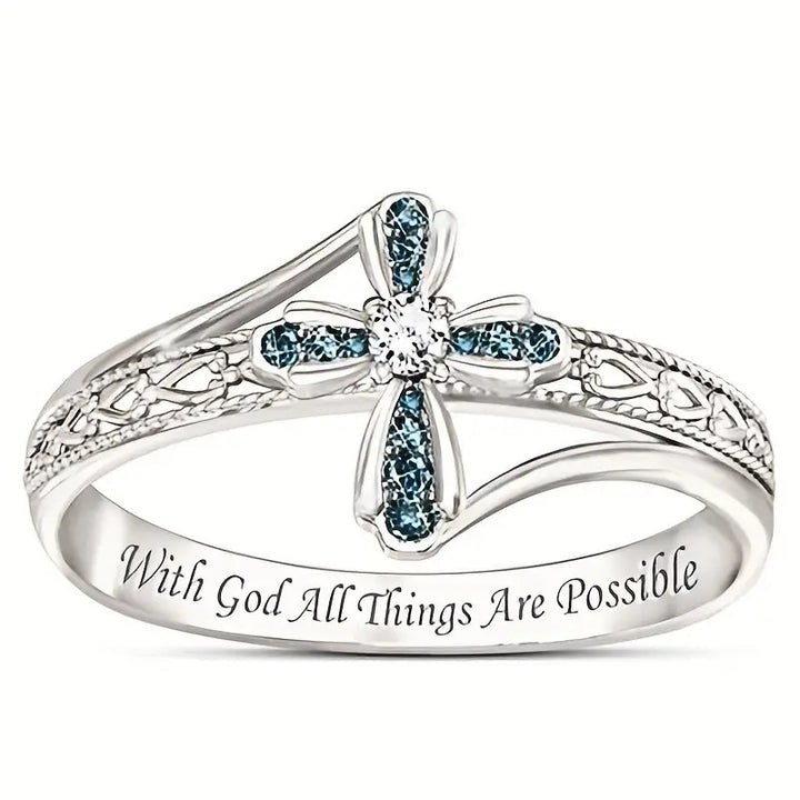 Cross Statement Ring For Women Engraved Inspirational Scripture Ring Blue Stone Diamond Religious Jewelry