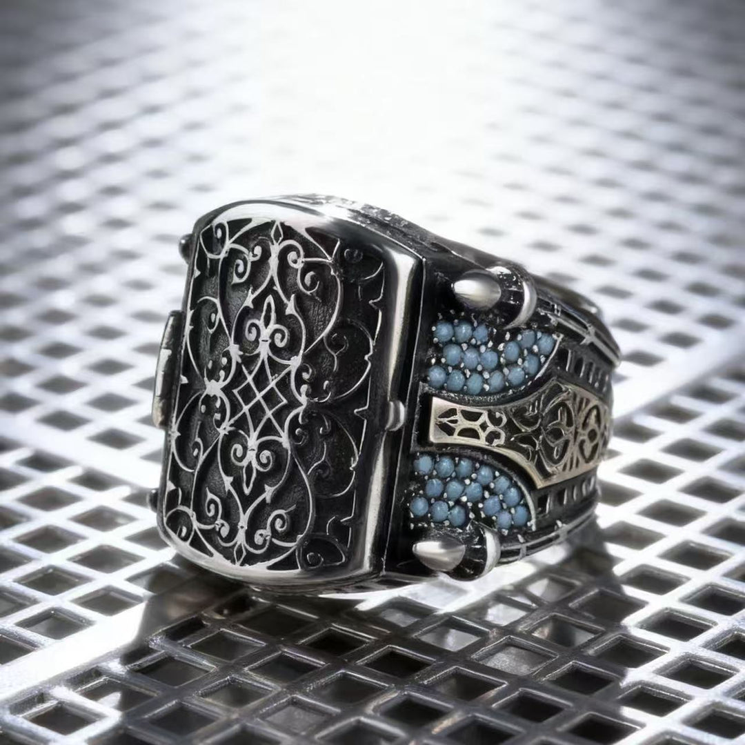 Vintage Engraved Secret Compartment Statement Ring Men Retro Turquoise Inlaid Jewelry