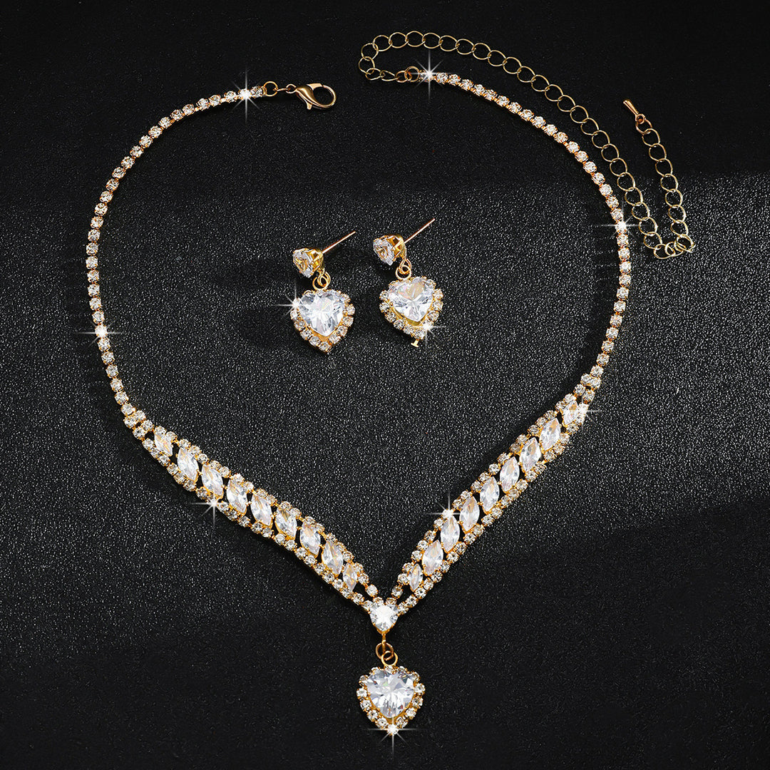 Heart Diamond Pendant V Shape Necklace Drop Earring 2Pcs Jewelry Set Bridal Wedding Party Statement Jewelry For Women