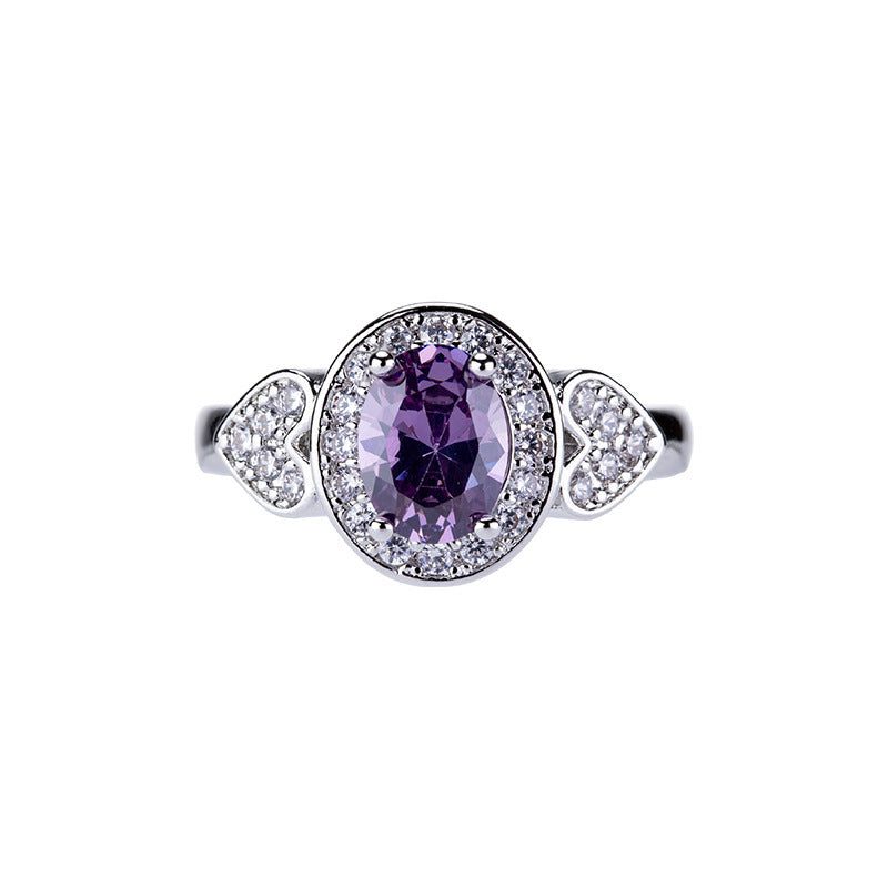 Oval Purple Diamond Halo Ring Women Heart Shank Silver Engagement Promise Ring Vintage Birthstone Cocktail Ring Gift