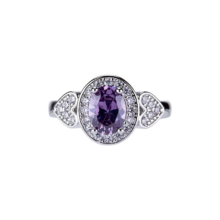 Oval Purple Diamond Halo Ring Women Heart Shank Silver Engagement Promise Ring Vintage Birthstone Cocktail Ring Gift