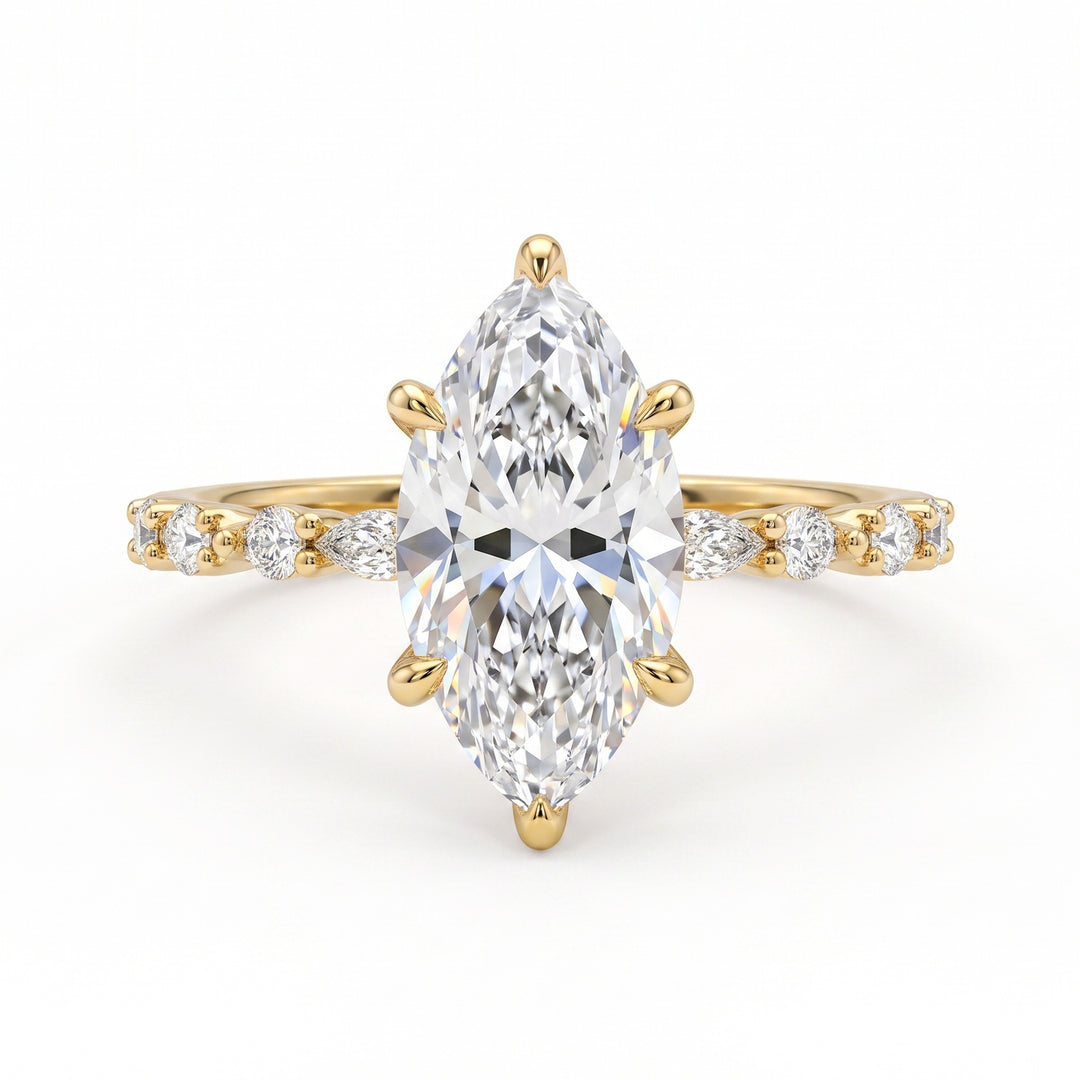Marquise Cut Diamond Engagement Ring Six Prong Setting Side Stone Paved Wedding Band Ring For Women