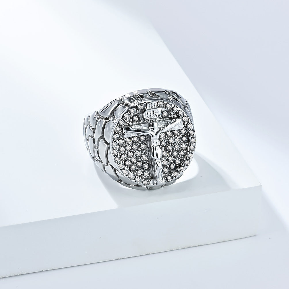 Round Cross Jesus Full Diamond Men Ring Hip Hop Retro Faith Statement Ring