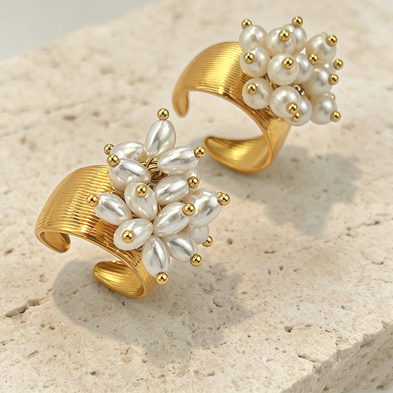 Freshwater Pearl Cluster Statement Open Ring Floral Pearl Wide Band Ring