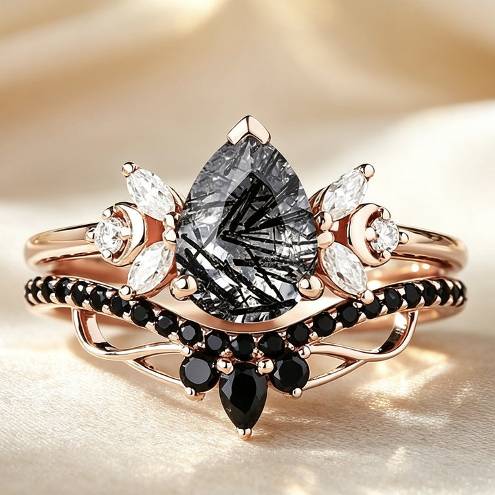 Black Hair Crystal Ring Set Women Rose Gold Stacking Double Ring Diamond Luxury Jewelry Gift