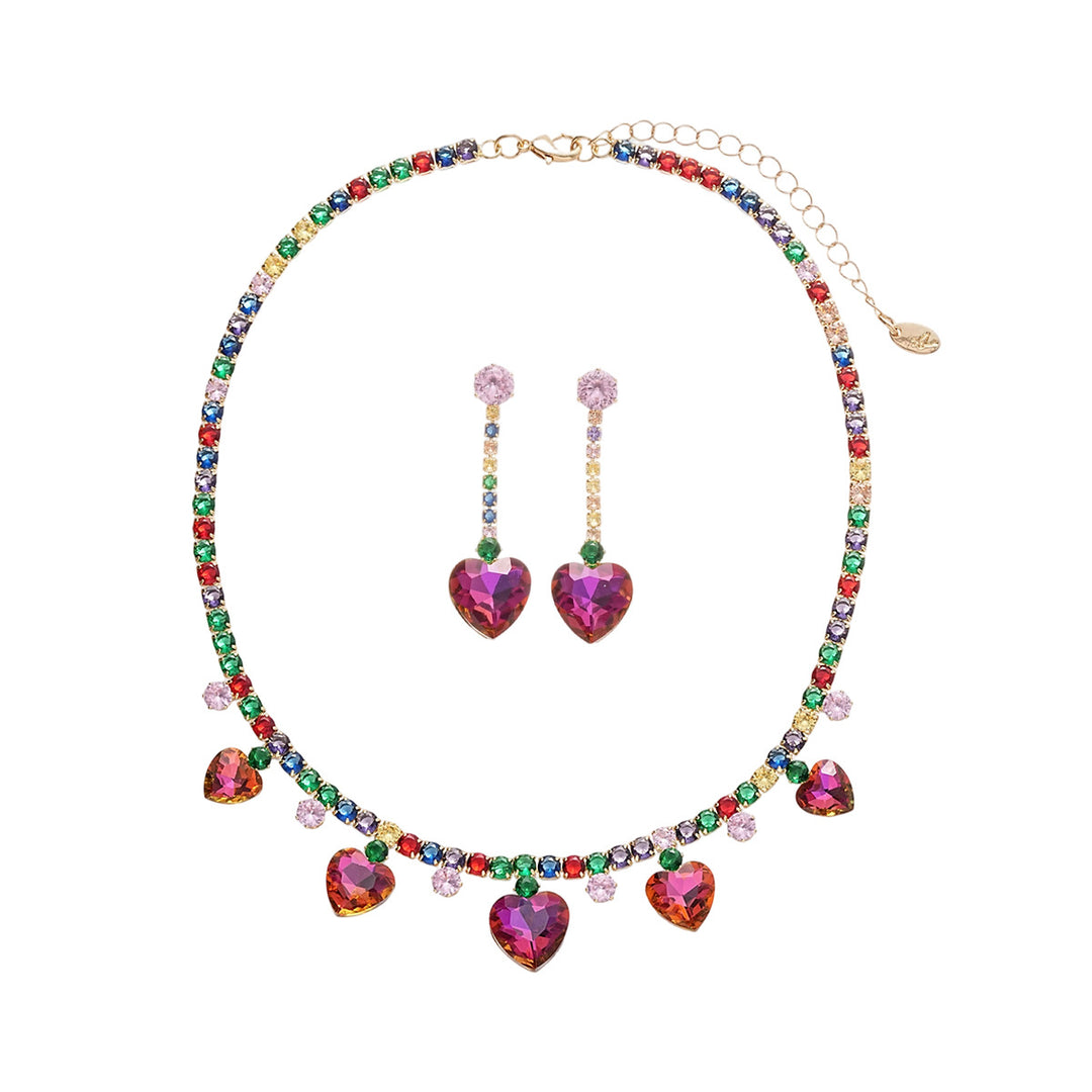 Rainbow Heart Tennis Necklace Earrings Set Women Colorful CZ Gold Jewelry Gift