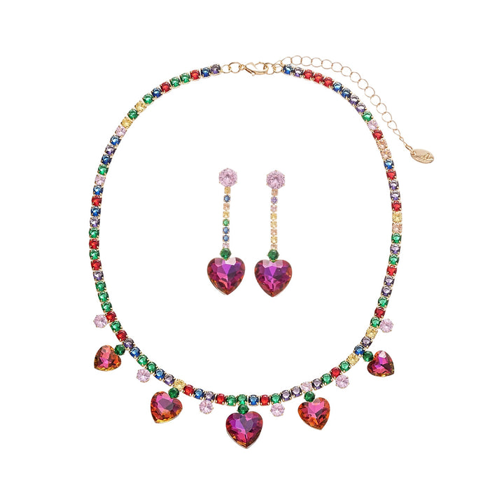 Rainbow Heart Tennis Necklace Earrings Set Women Colorful CZ Gold Jewelry Gift