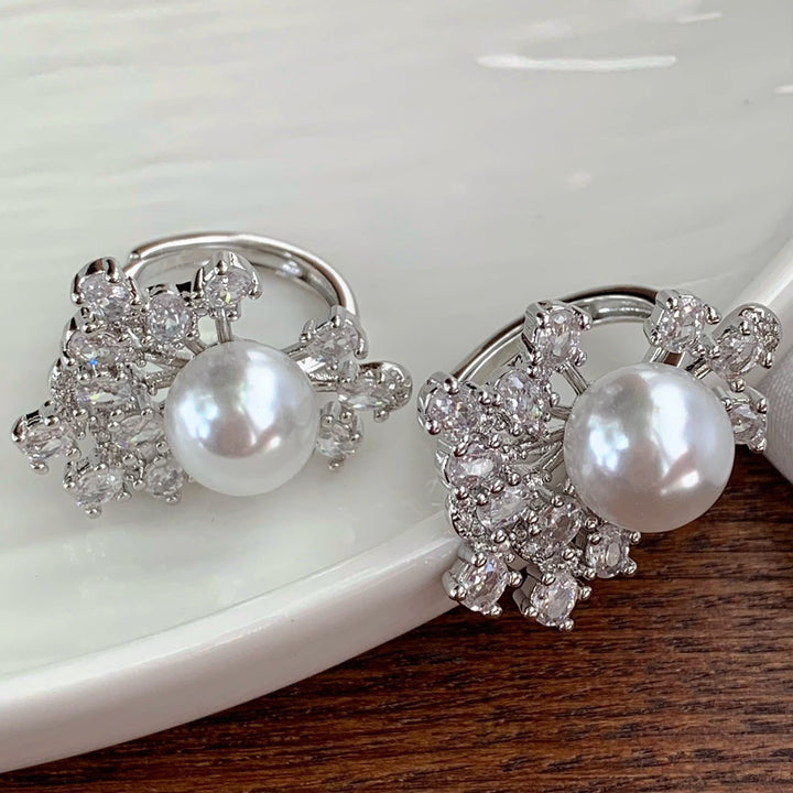 Sterling Silver Pearl Diamond Snowflake Statement Open Ring Luxury Round Pearl Cocktail Ring