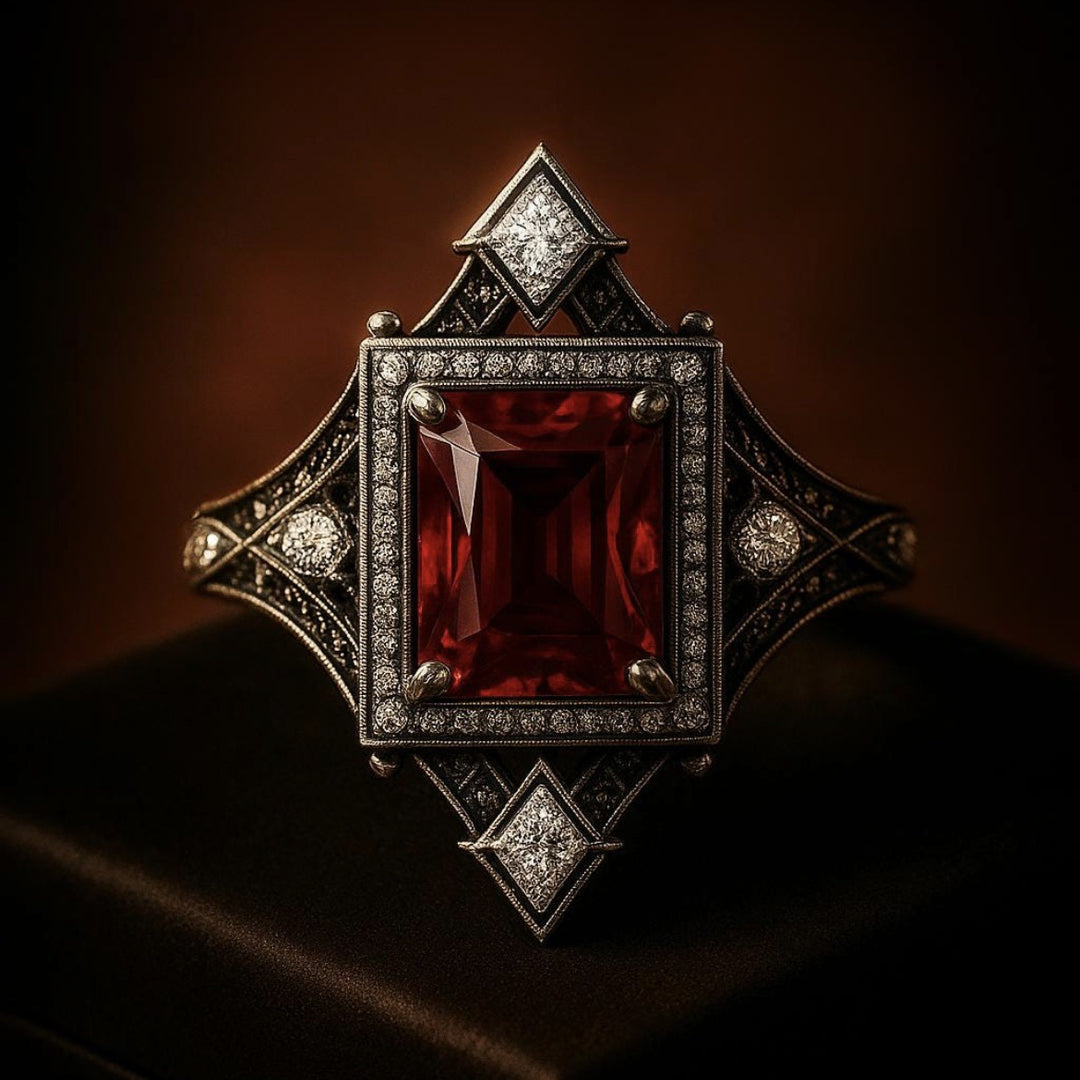 Vintage Edwardian‑Style Square Ruby Center Stone Diamond Ring Antique Open‑Work Carved Women’s Band