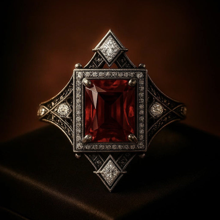 Vintage Edwardian‑Style Square Ruby Center Stone Diamond Ring Antique Open‑Work Carved Women’s Band