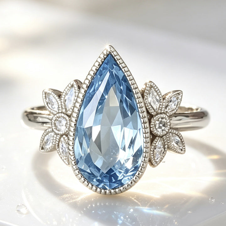 Teardrop Blue Diamond Ring Women Silver Flower Accent Sparkling Luxury Jewelry Gift