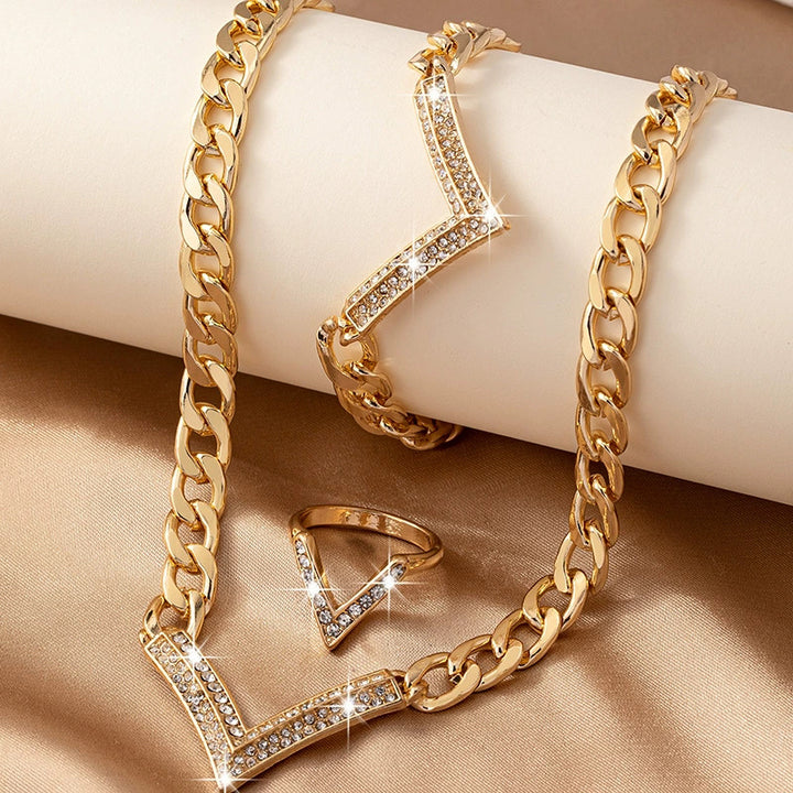 V Shape Rhinestone Statement Jewelry Set Chunky Curb Chain Necklace Bracelet Ring Stackable Trendy Women Fashion Jewelry