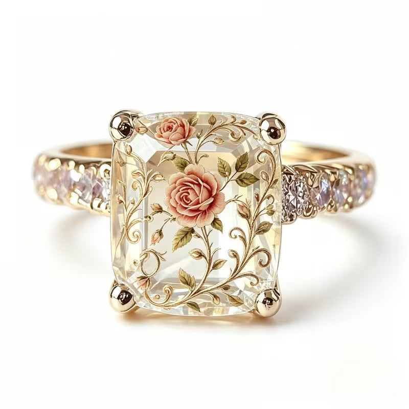 Vintage Rose Inlay Cushion Diamond Ring Women French Romantic Leaf Vine Gold Engagement Ring