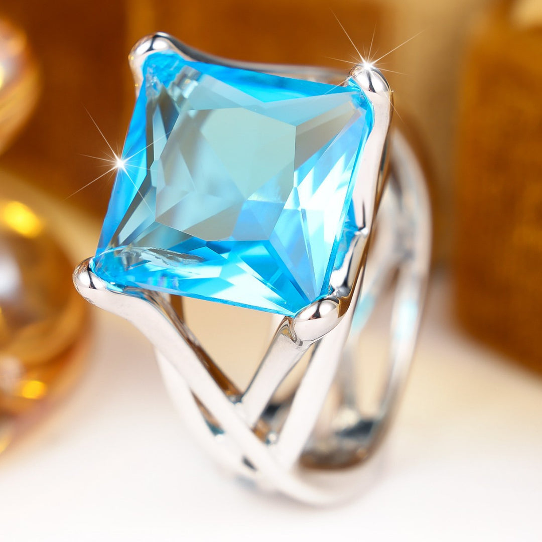 Square Aquamarine Statement Ring Twisted Crossover Band Solitaire Ring For Women
