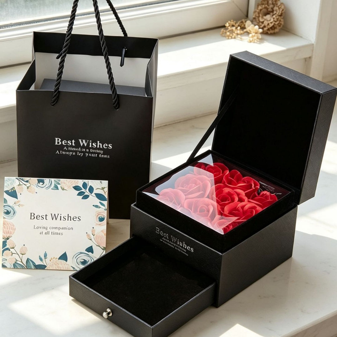 Double‑Layer Rose Soap Flower Jewelry Gift Box Flip‑Top Drawer Romantic Jewellery Present Case