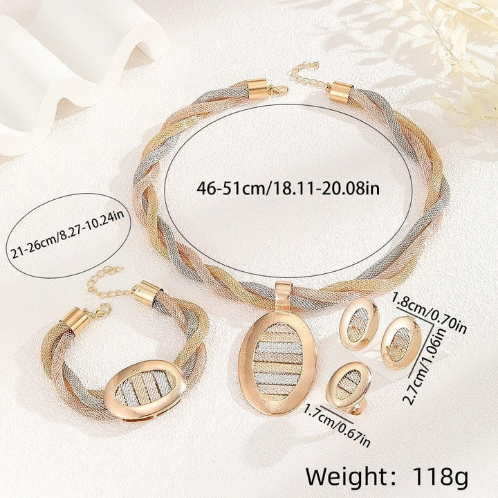 Tri‑Tone Braided Mesh Jewelry Set, Oval Pendant Necklace Bracelet Earrings Ring 4‑Piece Jewelry Kit